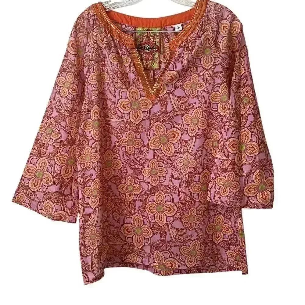 Robert Graham Designer Lavender Floral Wide 3/4 Sleeve Tunic Blouse S